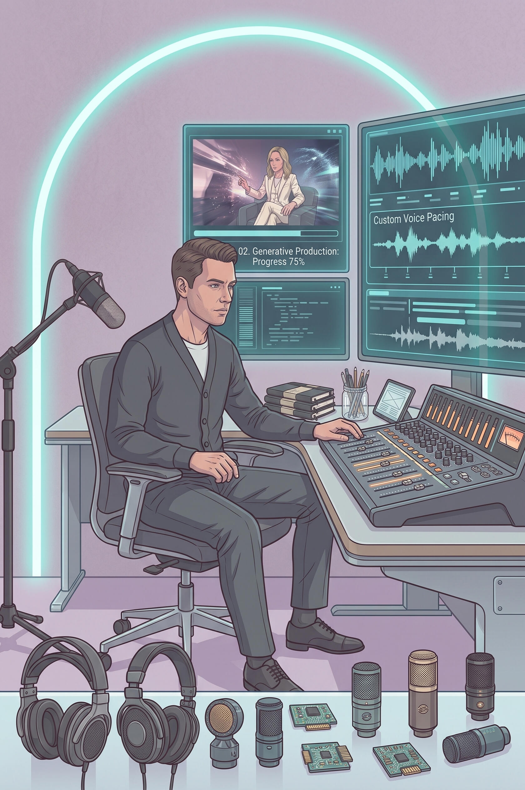 Video editor at workstation managing synthetic video generation timeline and custom audio pacing