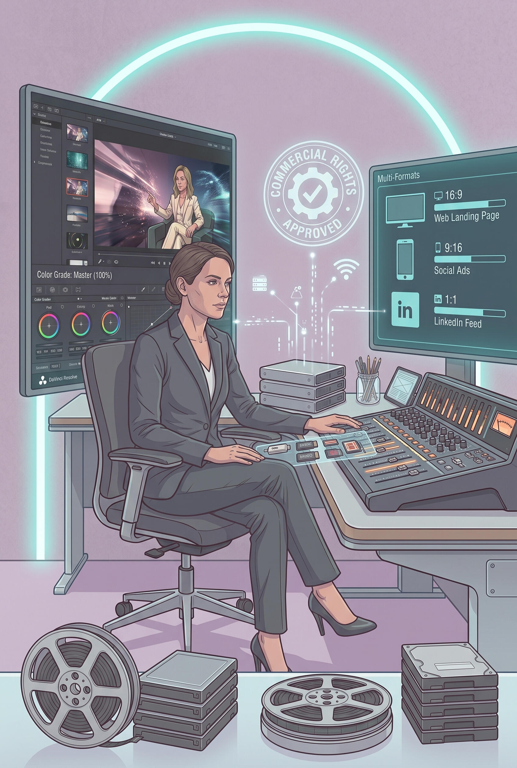Professional video color grading station rendering 4K 16:9 and 9:16 aspect ratio deliverables with commercial rights